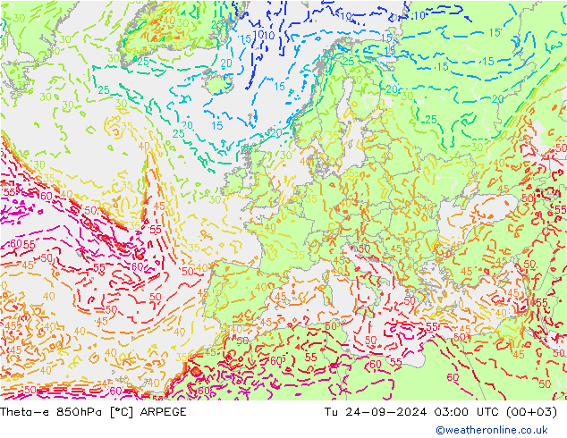 Theta-e 850hPa ARPEGE di 24.09.2024 03 UTC