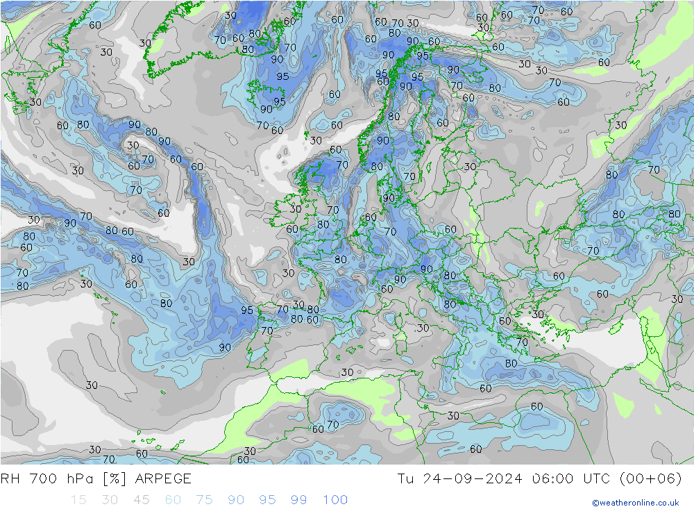 RH 700 hPa ARPEGE Tu 24.09.2024 06 UTC