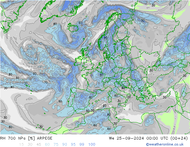 RH 700 hPa ARPEGE  25.09.2024 00 UTC