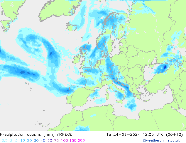 Precipitation accum. ARPEGE  24.09.2024 12 UTC