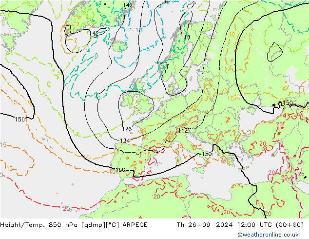 Hoogte/Temp. 850 hPa ARPEGE do 26.09.2024 12 UTC