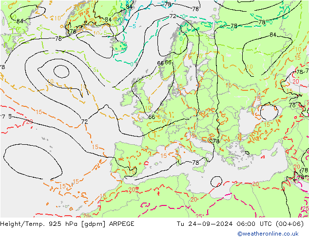 Height/Temp. 925 hPa ARPEGE Tu 24.09.2024 06 UTC