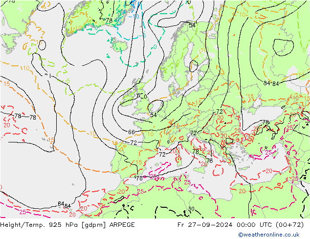 Height/Temp. 925 hPa ARPEGE Fr 27.09.2024 00 UTC