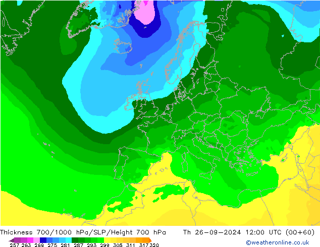 Thck 700-1000 hPa ARPEGE  26.09.2024 12 UTC