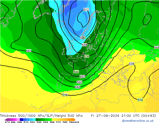 Thck 500-1000hPa ARPEGE Fr 27.09.2024 21 UTC