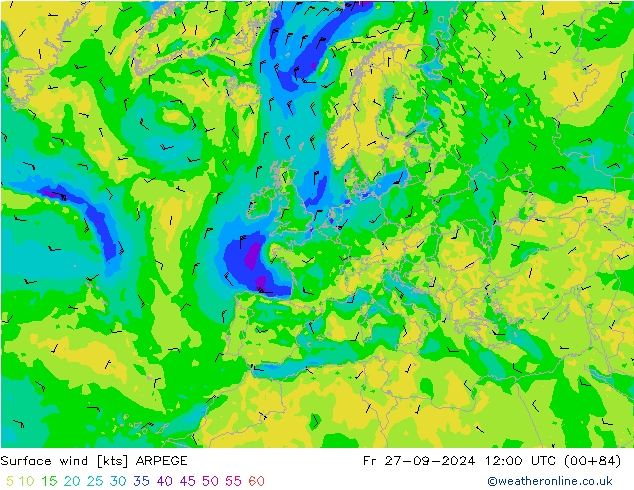 wiatr 10 m ARPEGE pt. 27.09.2024 12 UTC