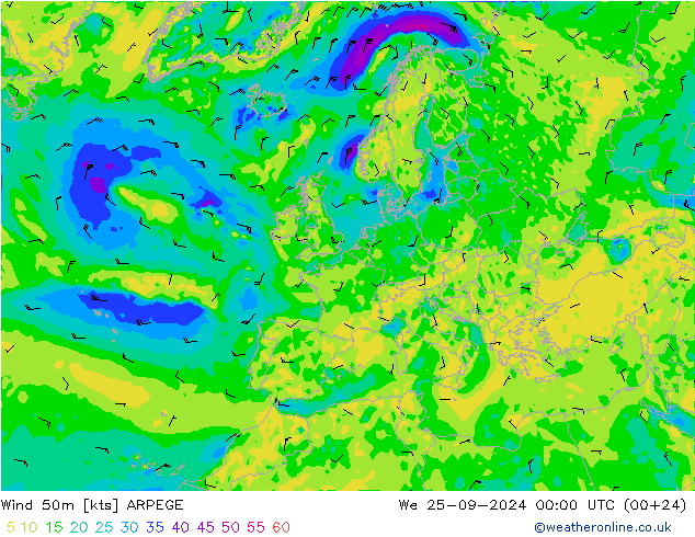 Wind 50m ARPEGE We 25.09.2024 00 UTC