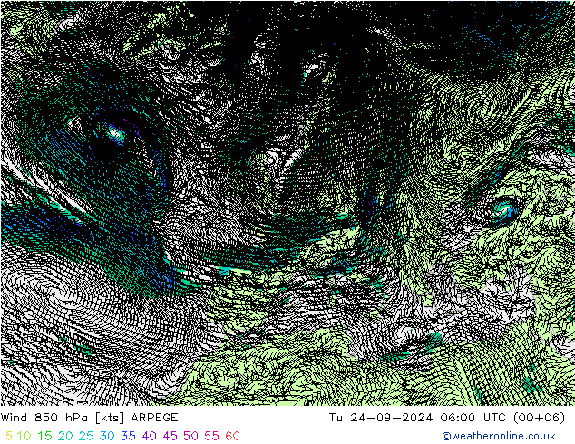 ветер 850 гПа ARPEGE вт 24.09.2024 06 UTC