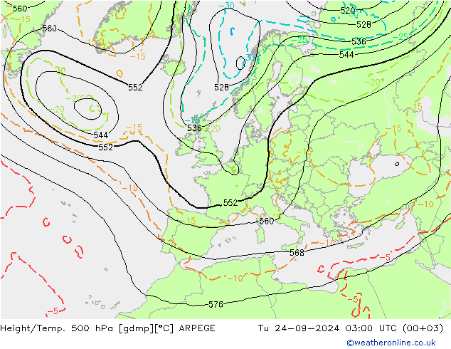 Height/Temp. 500 hPa ARPEGE Út 24.09.2024 03 UTC