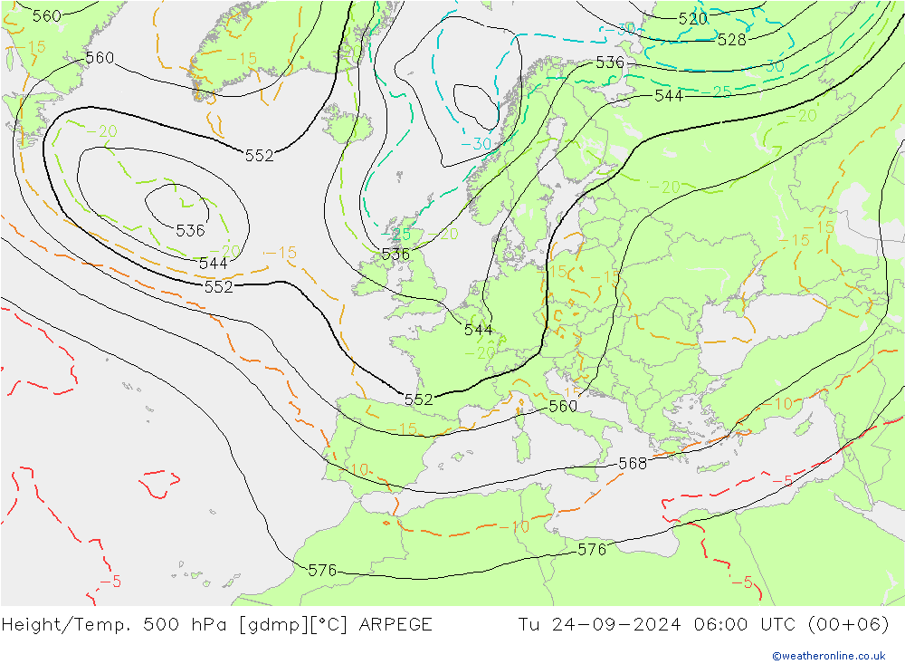 Height/Temp. 500 гПа ARPEGE вт 24.09.2024 06 UTC