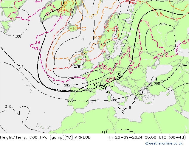 Height/Temp. 700 hPa ARPEGE Th 26.09.2024 00 UTC