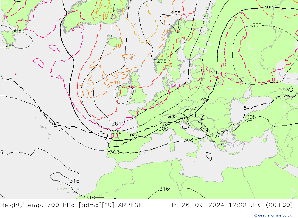 Geop./Temp. 700 hPa ARPEGE jue 26.09.2024 12 UTC