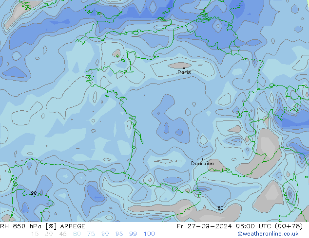 RH 850 hPa ARPEGE Fr 27.09.2024 06 UTC