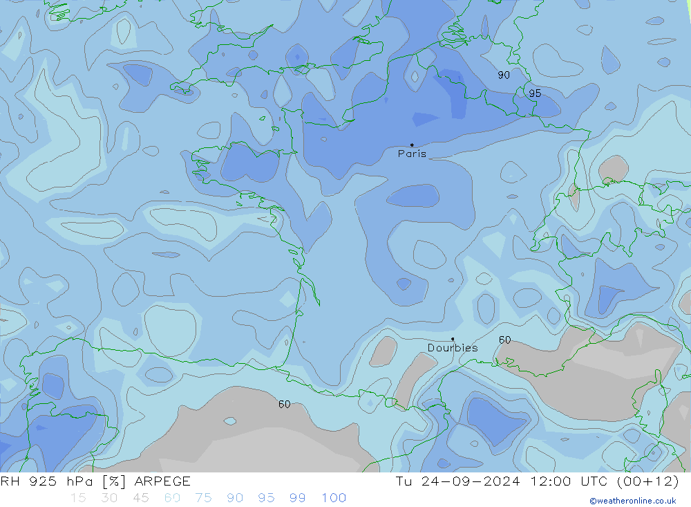 RH 925 hPa ARPEGE Út 24.09.2024 12 UTC