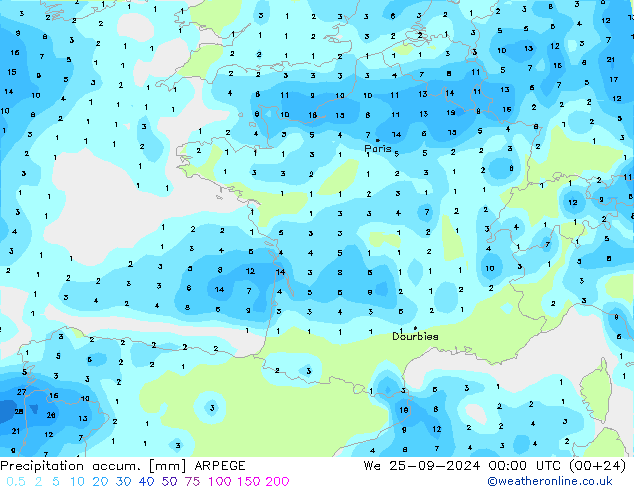 Precipitation accum. ARPEGE śro. 25.09.2024 00 UTC