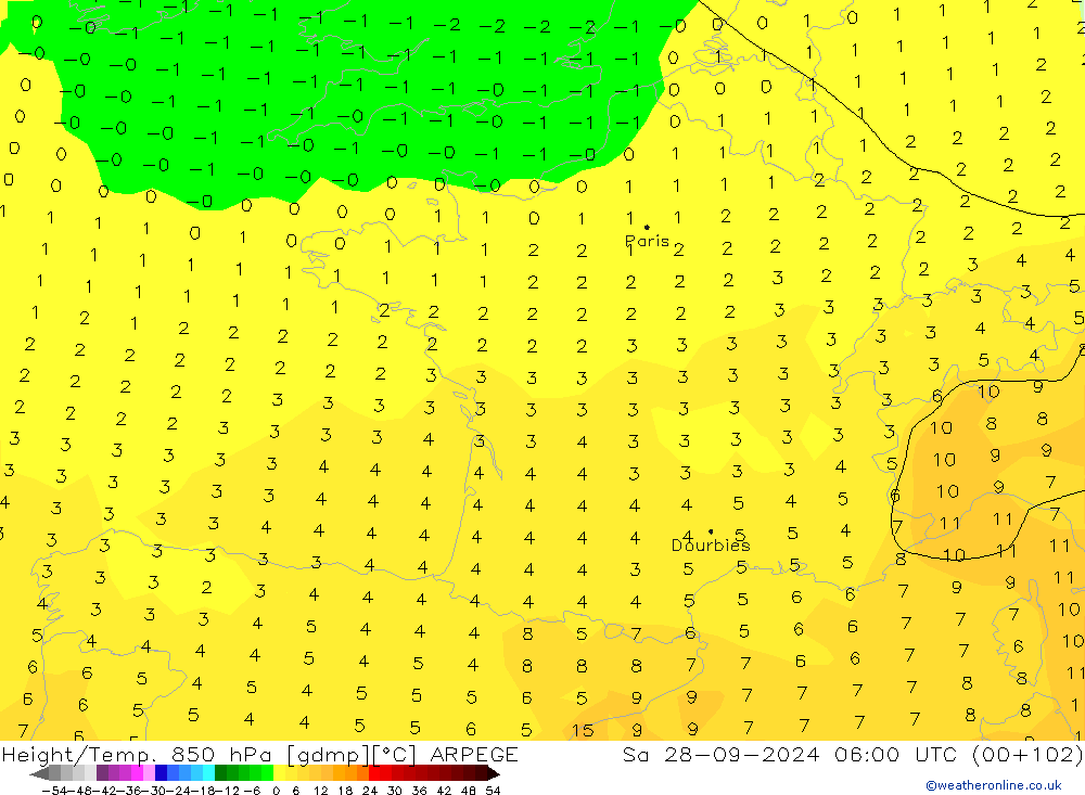 Geop./Temp. 850 hPa ARPEGE sáb 28.09.2024 06 UTC