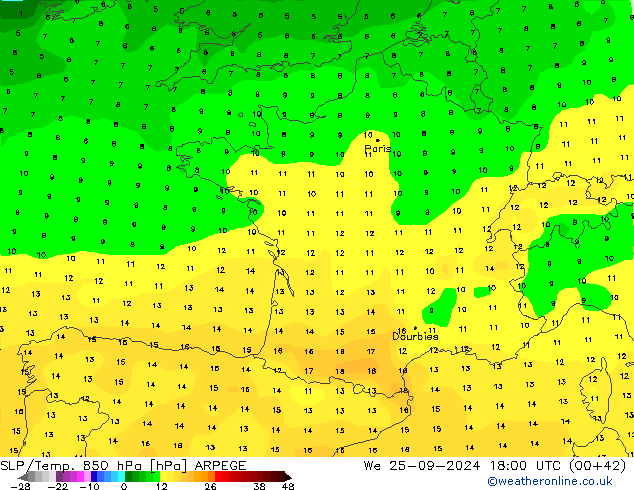 SLP/Temp. 850 hPa ARPEGE Qua 25.09.2024 18 UTC