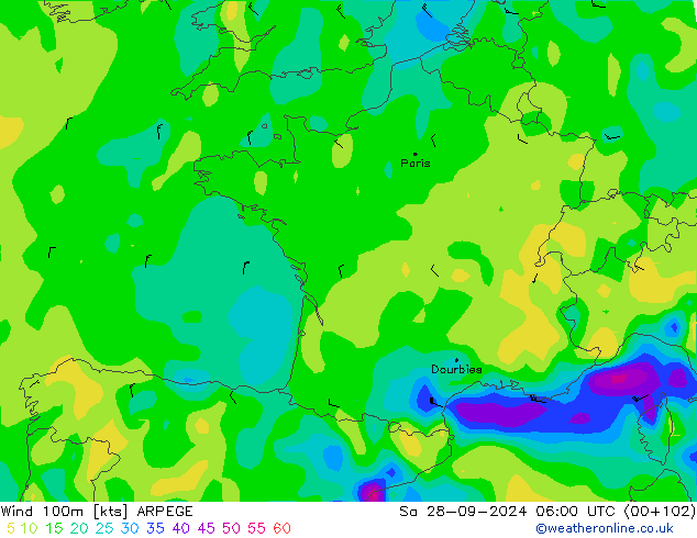 wiatr 100m ARPEGE so. 28.09.2024 06 UTC