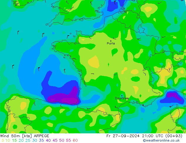 Vento 50 m ARPEGE ven 27.09.2024 21 UTC