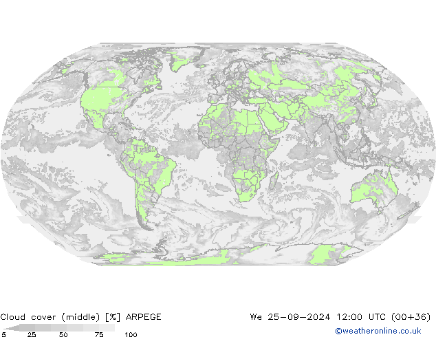 Cloud cover (middle) ARPEGE We 25.09.2024 12 UTC