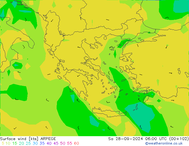 Viento 10 m ARPEGE sáb 28.09.2024 06 UTC