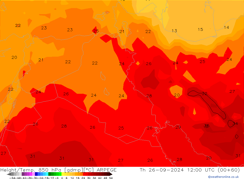 Géop./Temp. 850 hPa ARPEGE jeu 26.09.2024 12 UTC