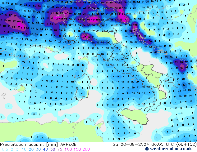 Precipitation accum. ARPEGE Sa 28.09.2024 06 UTC