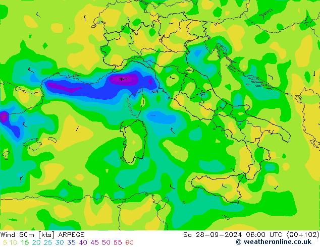 Wind 50m ARPEGE Sa 28.09.2024 06 UTC