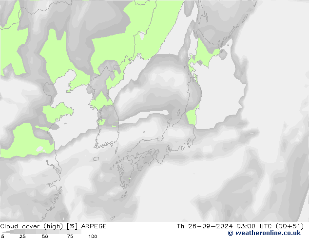 zachmurzenie (wysokie) ARPEGE czw. 26.09.2024 03 UTC