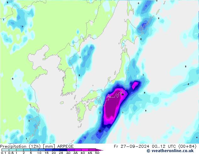 Totale neerslag (12h) ARPEGE vr 27.09.2024 12 UTC