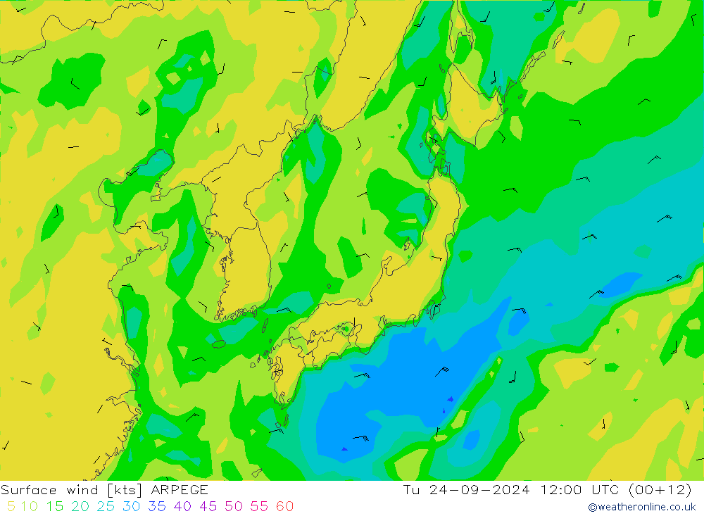 wiatr 10 m ARPEGE wto. 24.09.2024 12 UTC