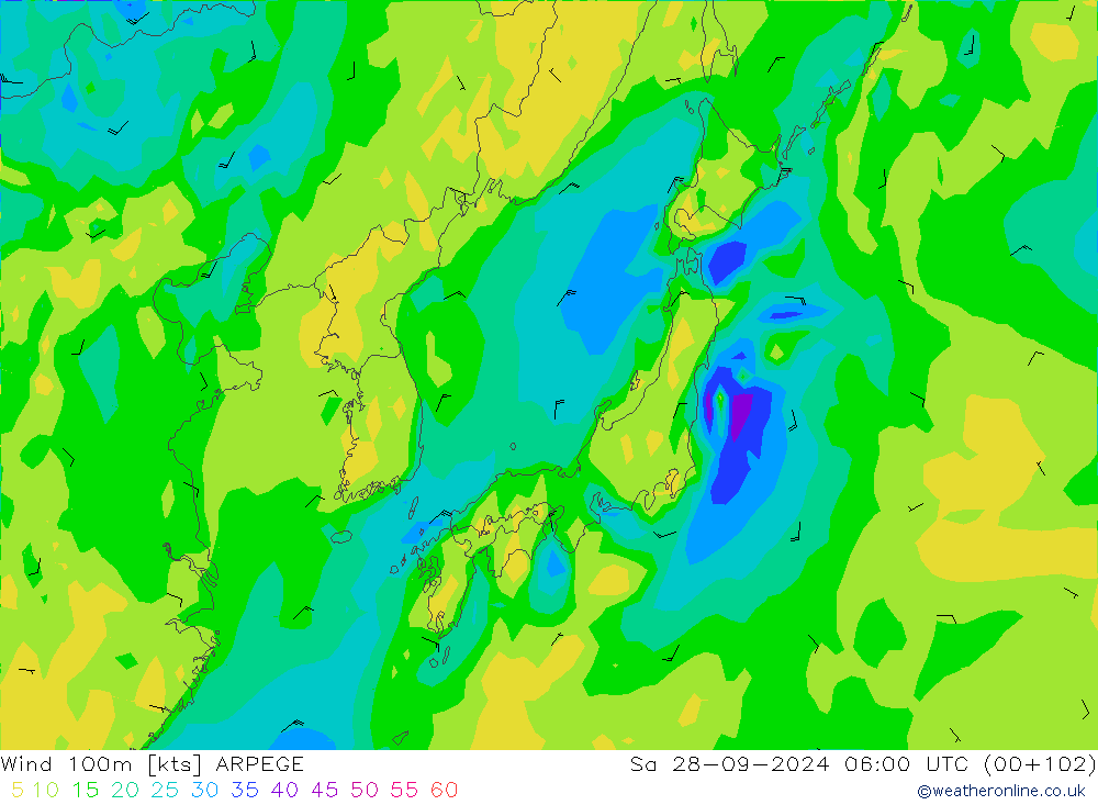 Wind 100m ARPEGE Sa 28.09.2024 06 UTC