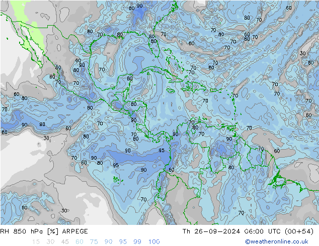 RH 850 hPa ARPEGE Qui 26.09.2024 06 UTC