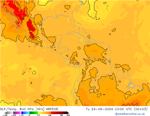 SLP/Temp. 850 hPa ARPEGE Di 24.09.2024 03 UTC