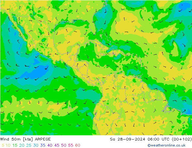 ветер 50 m ARPEGE сб 28.09.2024 06 UTC