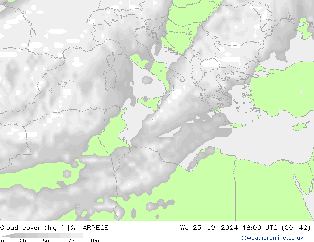 Cloud cover (high) ARPEGE We 25.09.2024 18 UTC