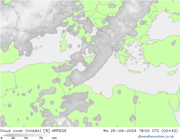 Cloud cover (middle) ARPEGE We 25.09.2024 18 UTC