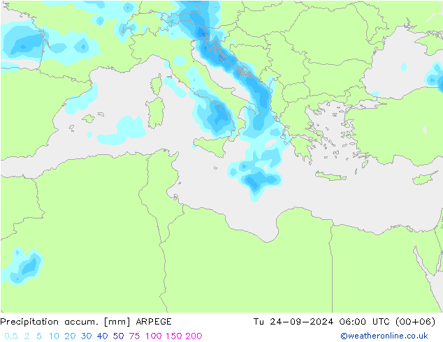 Precipitation accum. ARPEGE mar 24.09.2024 06 UTC