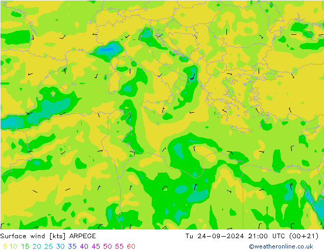 wiatr 10 m ARPEGE wto. 24.09.2024 21 UTC