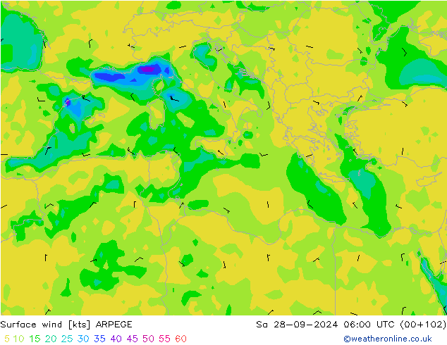 Vent 10 m ARPEGE sam 28.09.2024 06 UTC