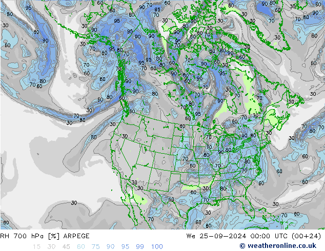 RH 700 гПа ARPEGE ср 25.09.2024 00 UTC