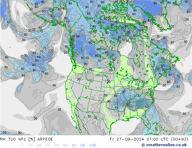 RH 700 hPa ARPEGE ven 27.09.2024 21 UTC