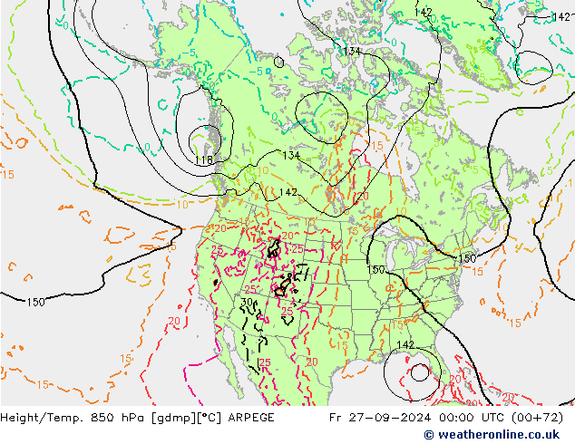 Height/Temp. 850 hPa ARPEGE Fr 27.09.2024 00 UTC