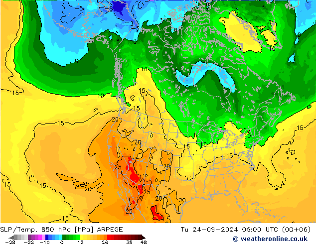 SLP/Temp. 850 hPa ARPEGE mar 24.09.2024 06 UTC