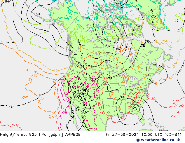 Height/Temp. 925 hPa ARPEGE  27.09.2024 12 UTC