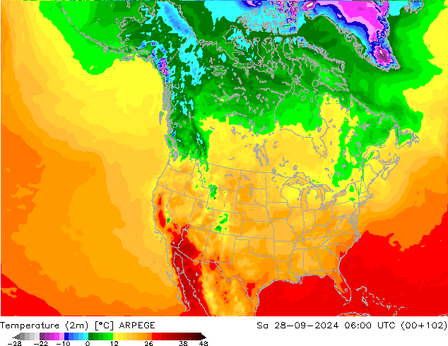 Temperature (2m) ARPEGE Sa 28.09.2024 06 UTC