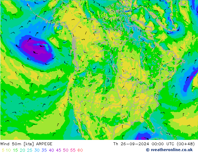 Wind 50m ARPEGE Th 26.09.2024 00 UTC