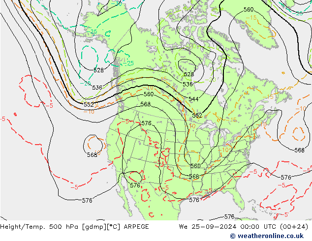 Height/Temp. 500 гПа ARPEGE ср 25.09.2024 00 UTC