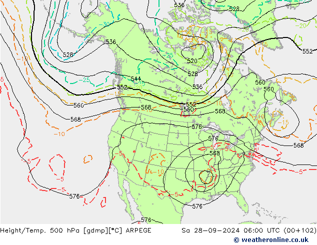 Height/Temp. 500 hPa ARPEGE Sáb 28.09.2024 06 UTC