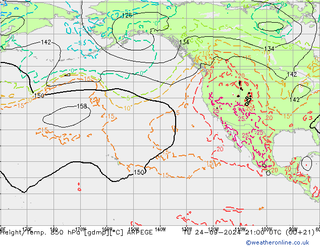 Height/Temp. 850 гПа ARPEGE вт 24.09.2024 21 UTC